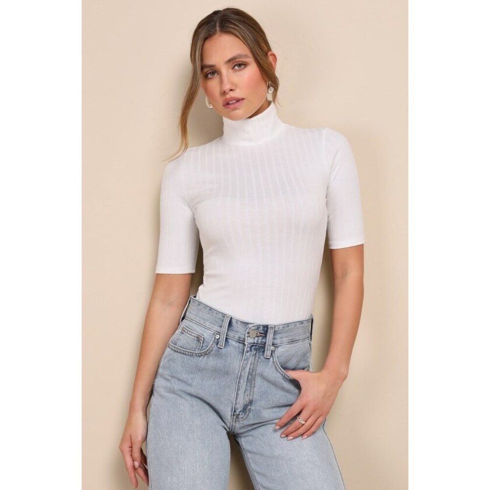 Lulus Everyday Brilliance Ivory Ribbed Mock Neck Short Sleeve Top White - Size S